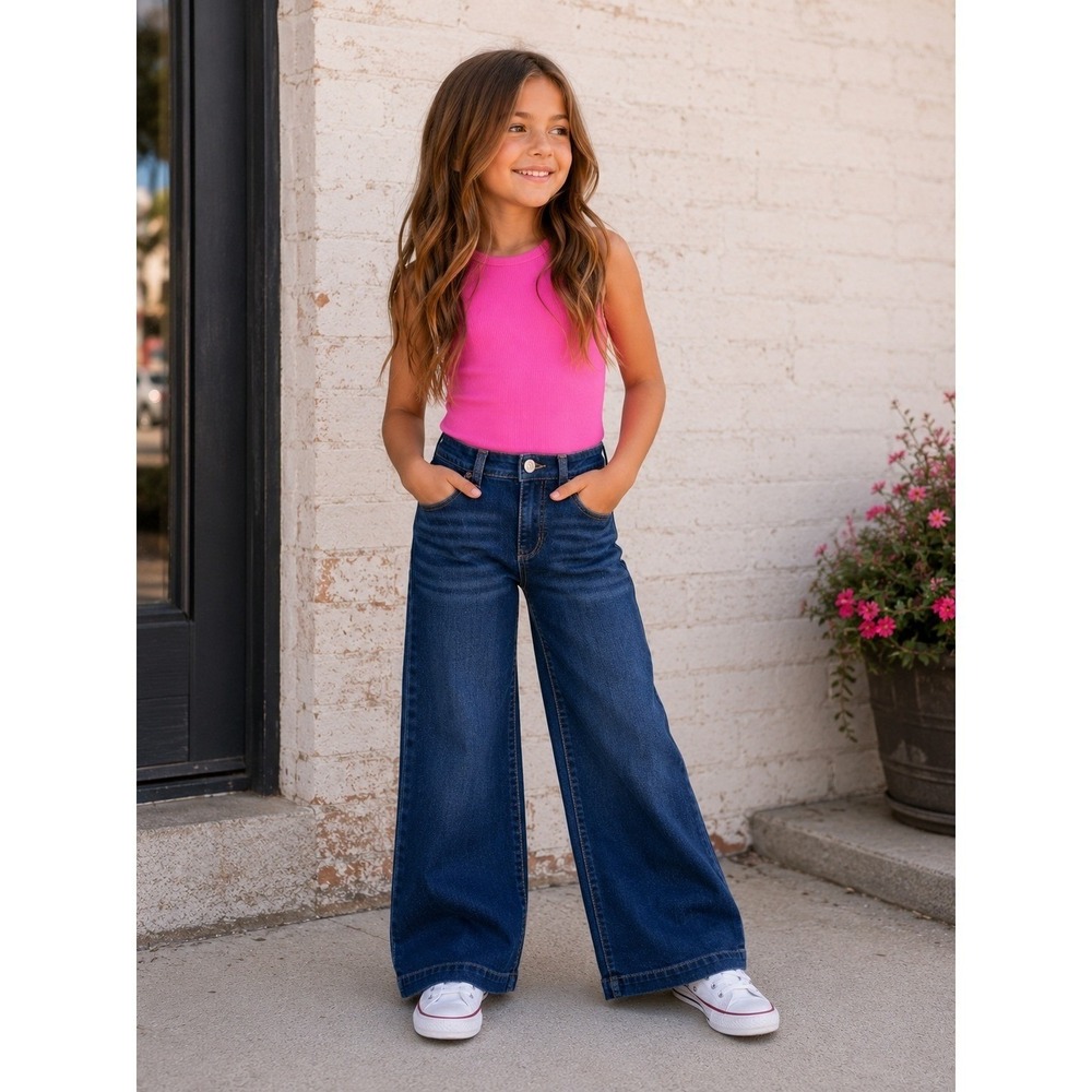 Jordache Girls Cloud Drape Denim Wide Leg Jeans Adjustable Waist Size 6 Dark